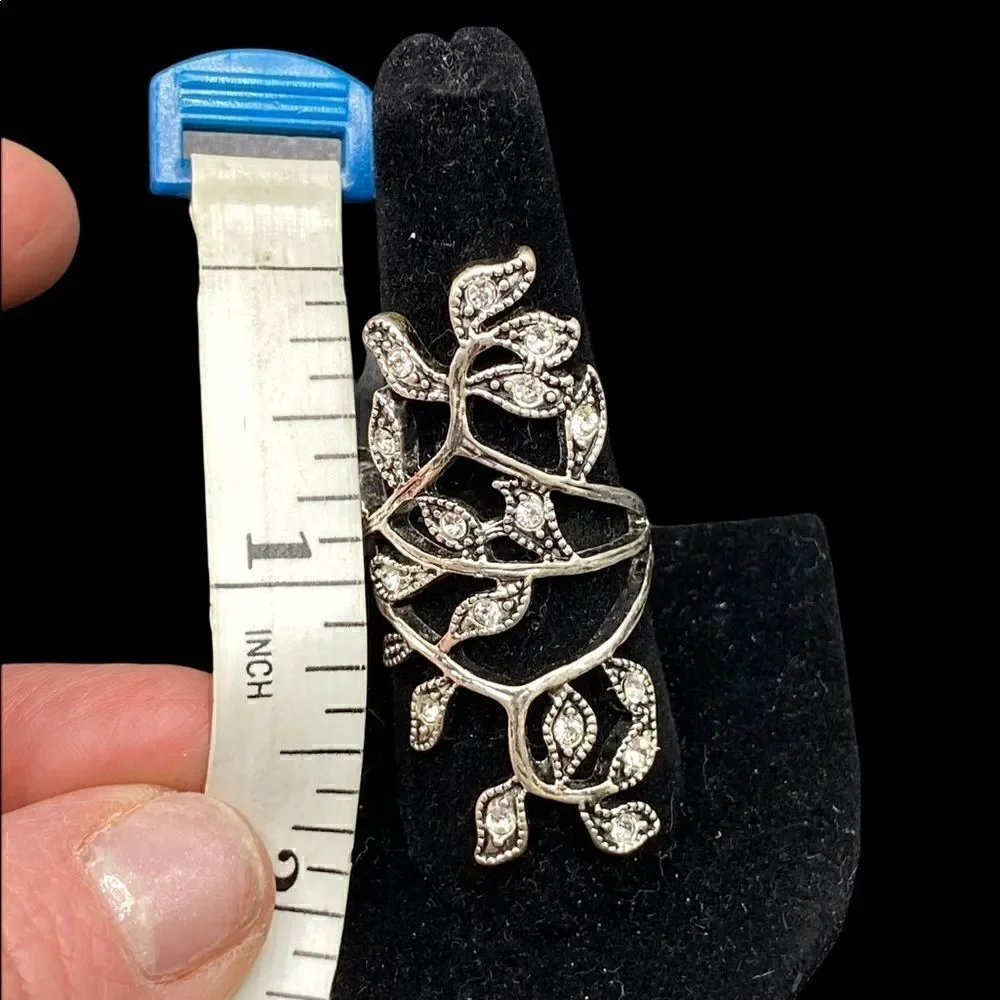 Silver tone vine ring with rhinestones marcasite style knuckle-to-knuckle